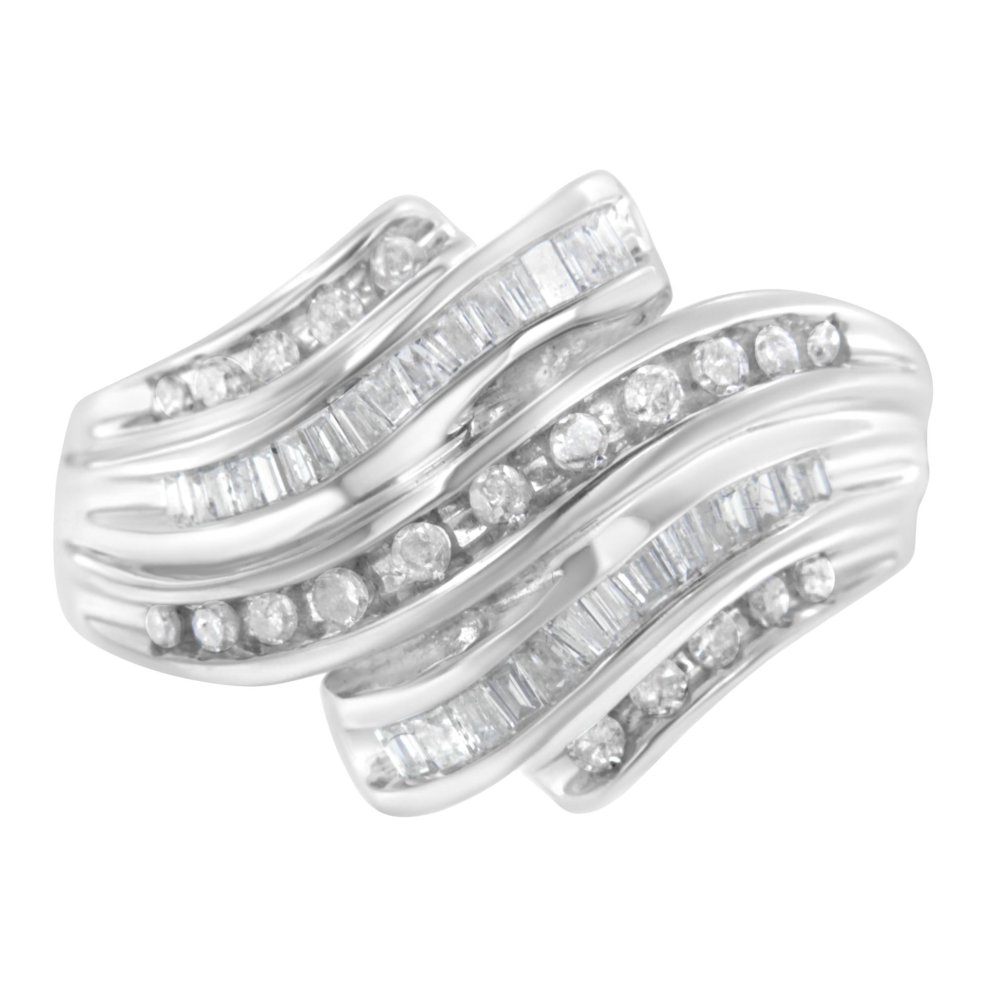 3/4 Ct. T.W. Round and Baguette-Cut Diamond Channel Ring in 10K White Gold, photo 1