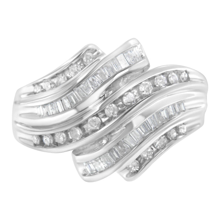 3/4 Ct. T.W. Round and Baguette-Cut Diamond Channel Ring in 10K White Gold, photo 1