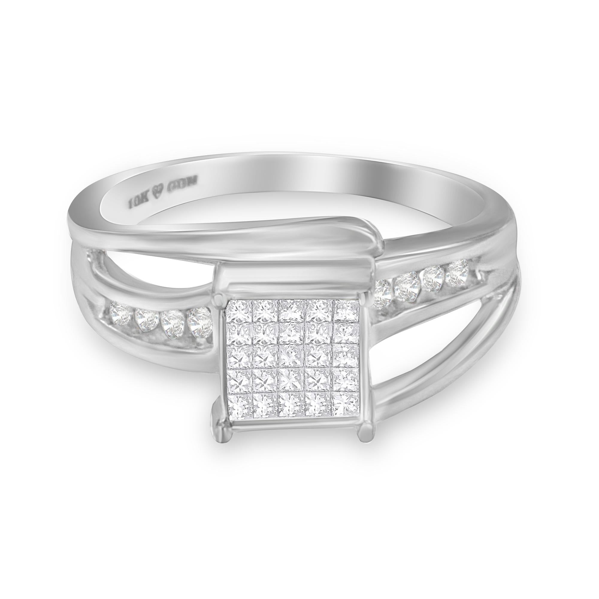 Anillo bypass de racimo de engaste invisible con diamantes de talla princesa de 1/3 ct. p.t. en oro blanco de 10K, foto 1