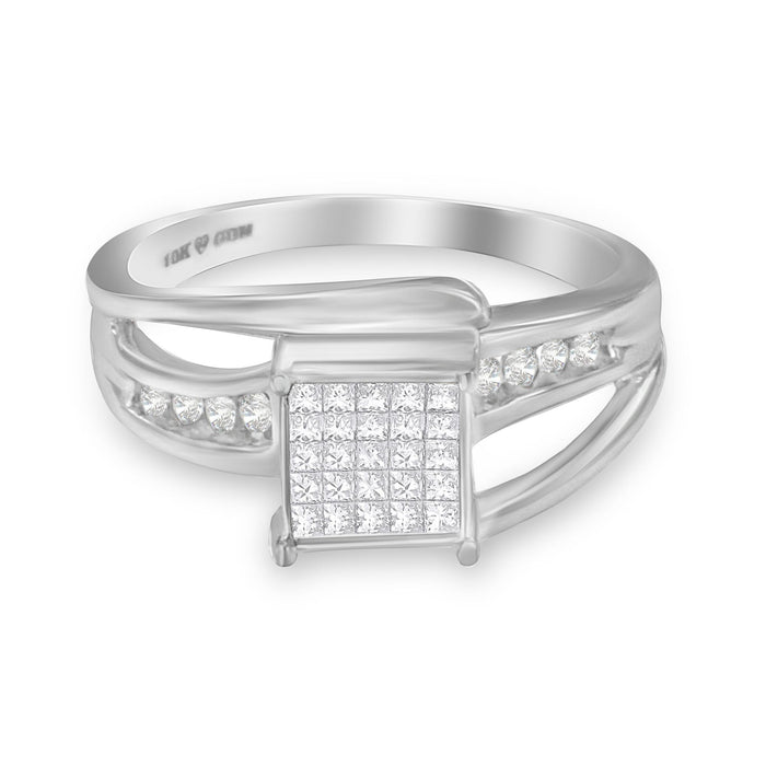 Anillo bypass de racimo de engaste invisible con diamantes de talla princesa de 1/3 ct. p.t. en oro blanco de 10K, foto 1