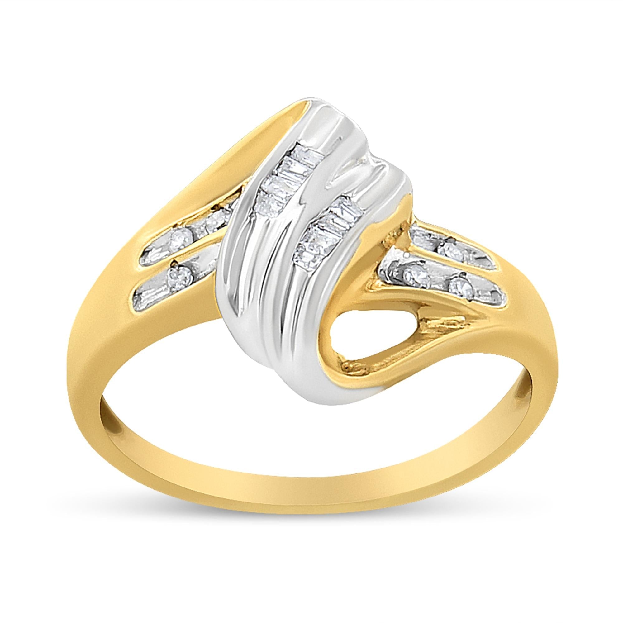 1/10 Ct. T.W. Baguette and Round-Cut Diamond Bypass Ring in 10K Yellow and White Gold, photo 1