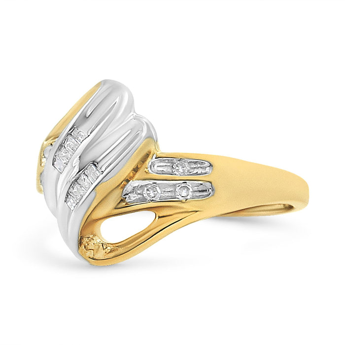 1/10 Ct. T.W. Baguette and Round-Cut Diamond Bypass Ring in 10K Yellow and White Gold, photo 2