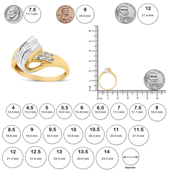 1/10 Ct. T.W. Baguette and Round-Cut Diamond Bypass Ring in 10K Yellow and White Gold, photo 6
