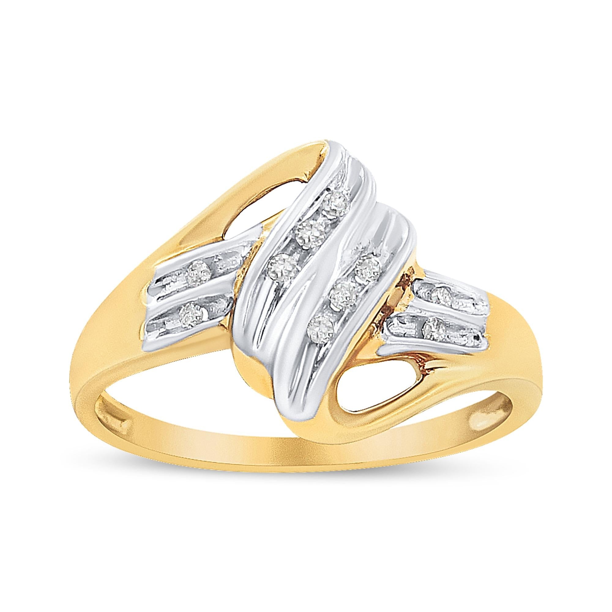 Anillo bypass con diamantes talla redonda de 1/15 ct. p.t. en oro amarillo y blanco de 10K, foto 1