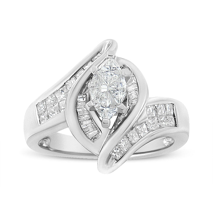 1 1/4 Ct. T.W. Pie, Baguette and Princess-Cut Diamond Marquise Shape Engagement Cocktail Ring in 14K White Gold, photo 1