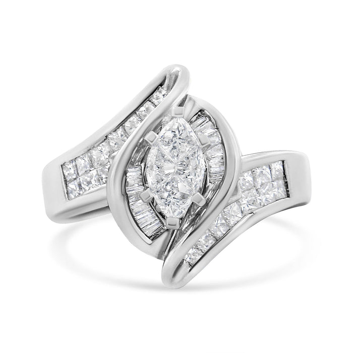 1 1/4 Ct. T.W. Pie, Baguette and Princess-Cut Diamond Marquise Shape Engagement Cocktail Ring in 14K White Gold, photo 4