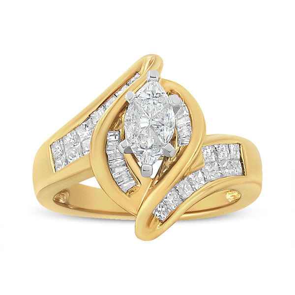 1 1/4 Ct. T.W. Princess, Baguette, and Pie Cut Diamond Marquise-Shaped Ring in 14K Yellow Gold, photo 1