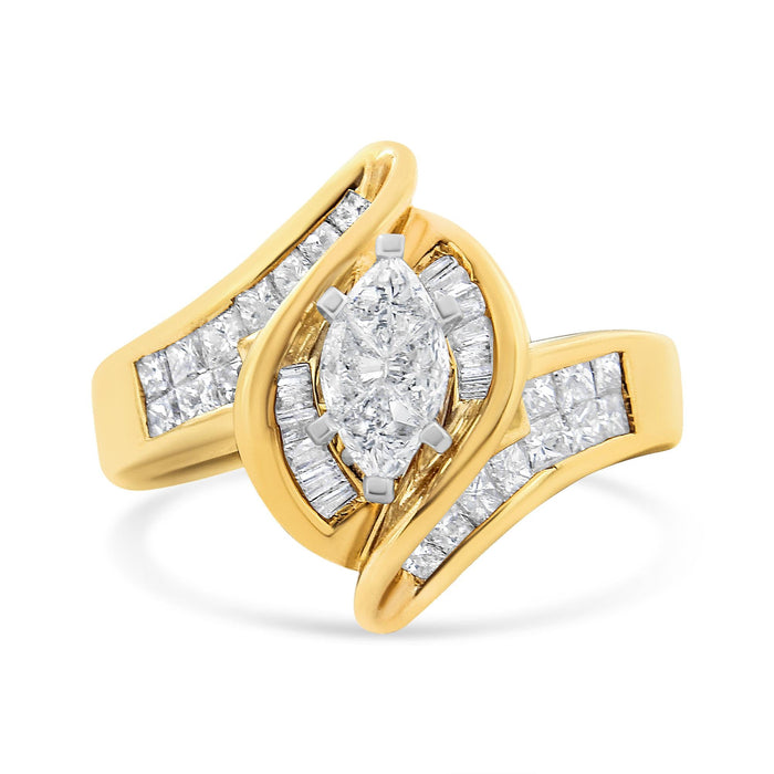 Anillo en forma de marquesa con diamantes princesa, baguette y talla cuña de 1 1/4 ct. p.t. en oro amarillo de 14K, foto 4