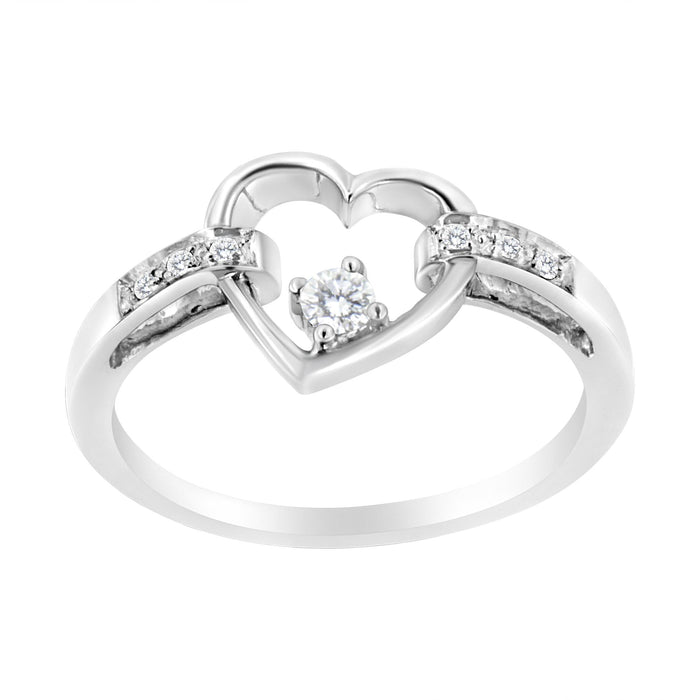 Anillo de corazón con engaste de canal y diamantes talla redonda de 1/8 ct. p.t. en oro blanco de 14K, foto 2