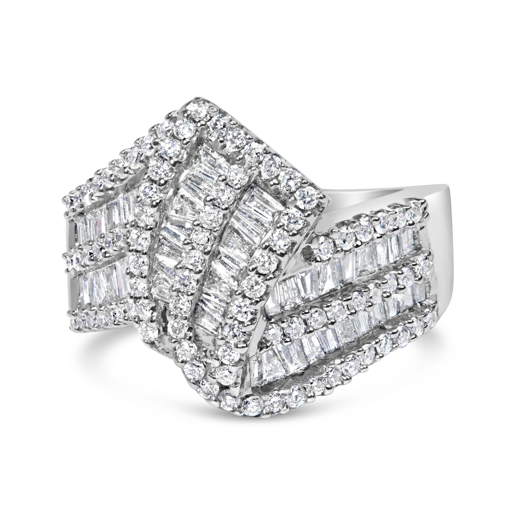 1 1/2 Ct. T.W. Round and Baguette Diamond Bypass Cocktail Ring Band in 14K White Gold, photo 1