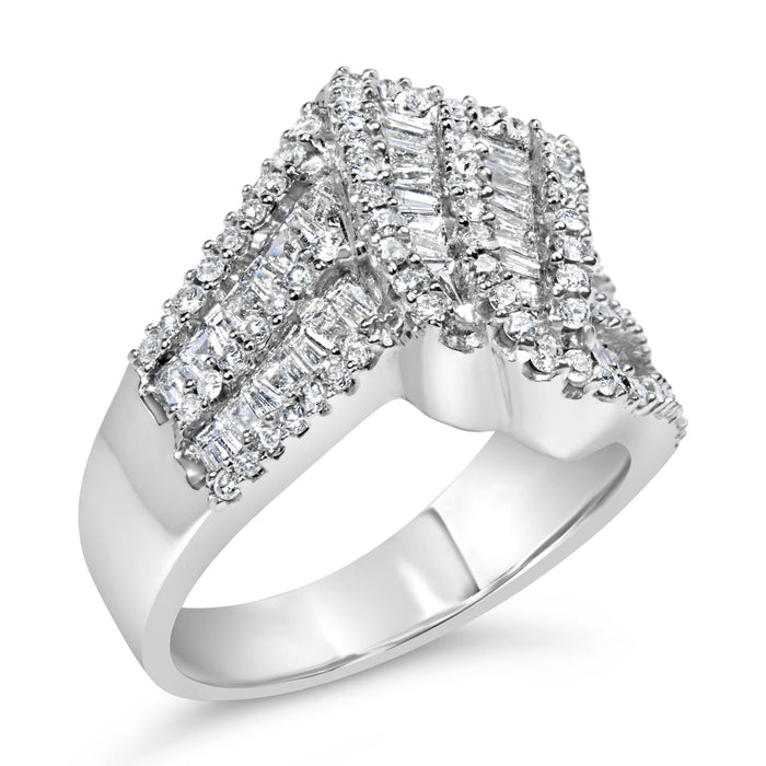 1 1/2 Ct. T.W. Round and Baguette Diamond Bypass Cocktail Ring Band in 14K White Gold, photo 4