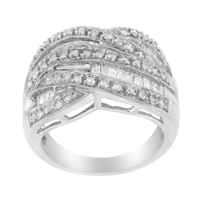 Anillo de banda cruzado con engaste de canal y diamantes redondos y baguette alternados de 1 ct. p.t. en plata de ley, foto 4