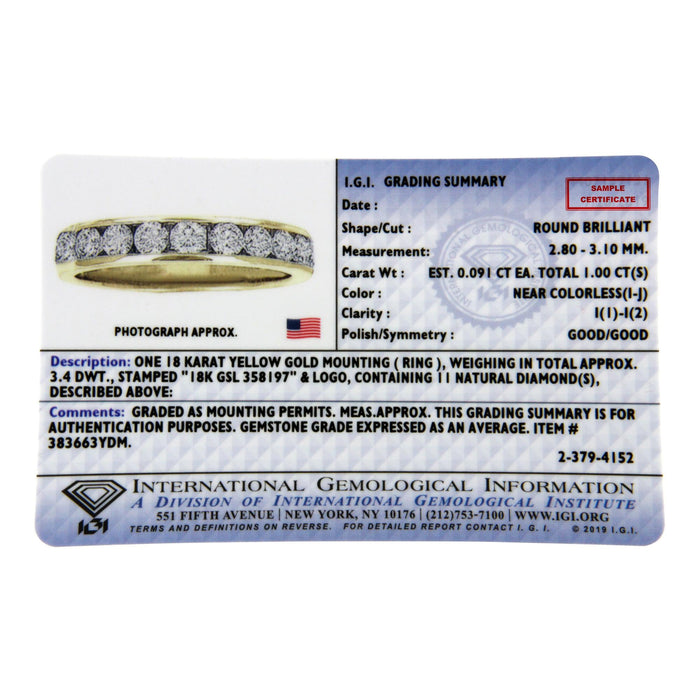 Anillo de banda de aniversario/boda de 11 piedras con diamantes de 1 ct. p.t. certificados IGI en oro amarillo de 18K, foto 7