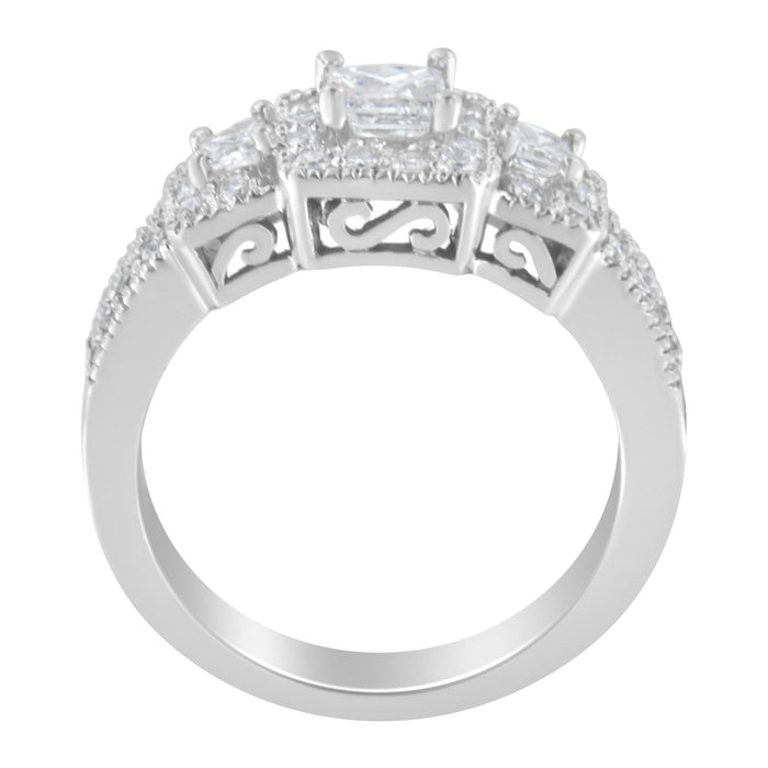 1 Ct. T.W. Round and Princess-Cut Diamond Three Stone Ring in 14K White Gold, photo 2