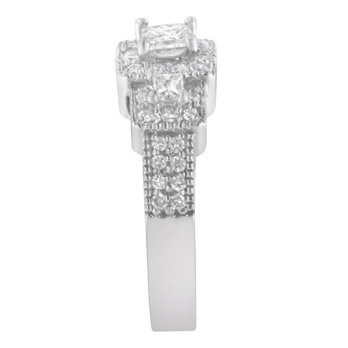 1 Ct. T.W. Round and Princess-Cut Diamond Three Stone Ring in 14K White Gold, photo 3