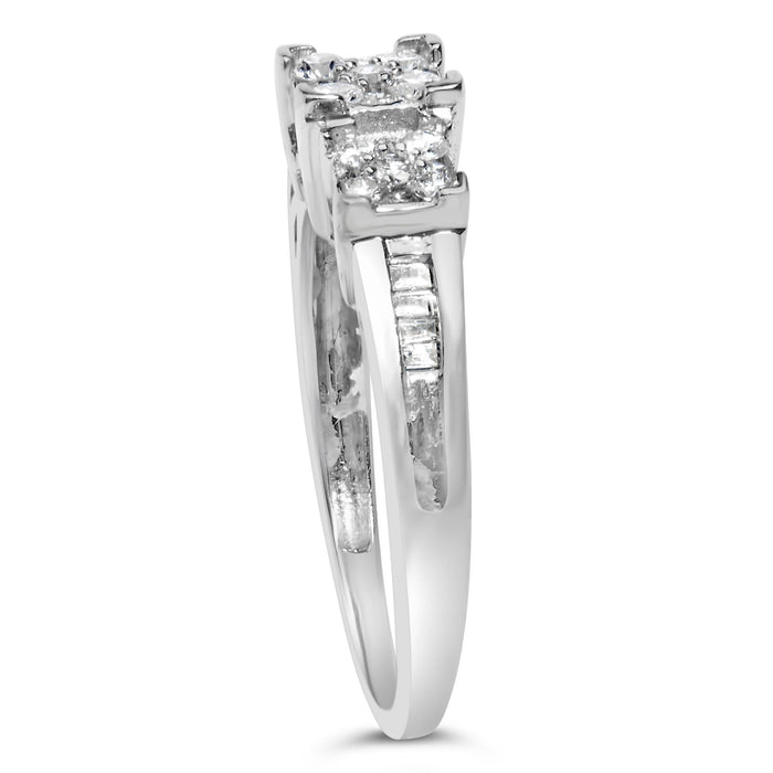Anillo de compromiso con diamantes de 1/2 ct. p.t., diseño de 3 piedras con 3 racimos cuadrados en oro blanco de 10K, foto 5