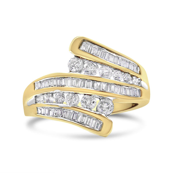 1 Ct. T.W. Round and Baguette-Cut Diamond Multi Row Bypass Ring Band in 10K Yellow Gold, photo 1