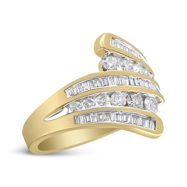 1 Ct. T.W. Round and Baguette-Cut Diamond Multi Row Bypass Ring Band in 10K Yellow Gold, photo 2