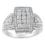 Anillo de cóctel de racimo cojín con halo y banda acampanada con diamantes de 1 ct. p.t. en oro blanco de 10K, foto 2