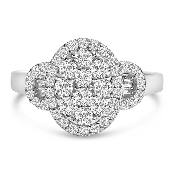 Anillo llamativo Art Deco de 3 piedras con racimo ovalado y halo con diamantes de 1 ct. p.t. en oro blanco de 10K, foto 1