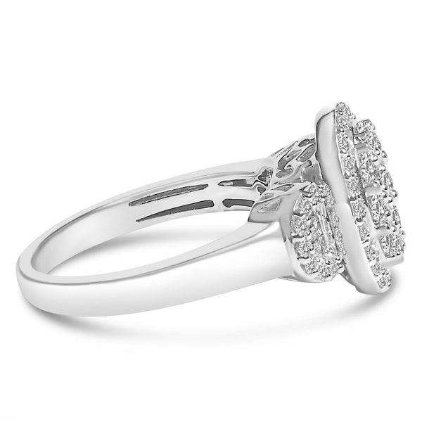 Anillo llamativo Art Deco de 3 piedras con racimo ovalado y halo con diamantes de 1 ct. p.t. en oro blanco de 10K, foto 2