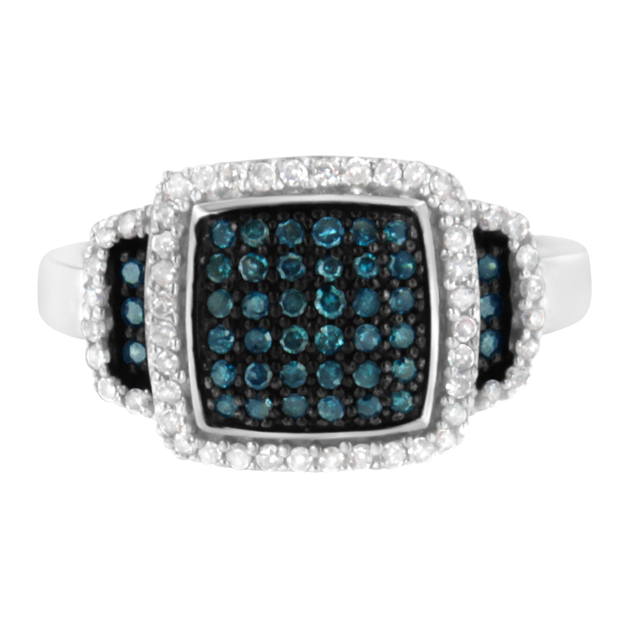 Anillo de cóctel de halo cuadrado con diamantes blancos y azules de 1/2 ct. p.t. en plata de ley bañada en rodio negro, foto 1