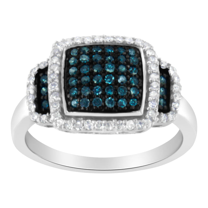 Anillo de cóctel de halo cuadrado con diamantes blancos y azules de 1/2 ct. p.t. en plata de ley bañada en rodio negro, foto 2