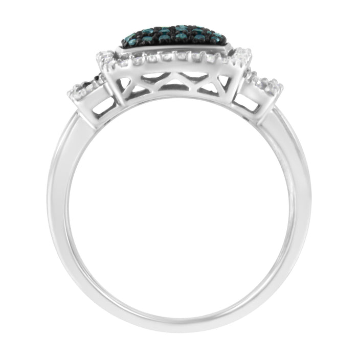 Anillo de cóctel de halo cuadrado con diamantes blancos y azules de 1/2 ct. p.t. en plata de ley bañada en rodio negro, foto 5