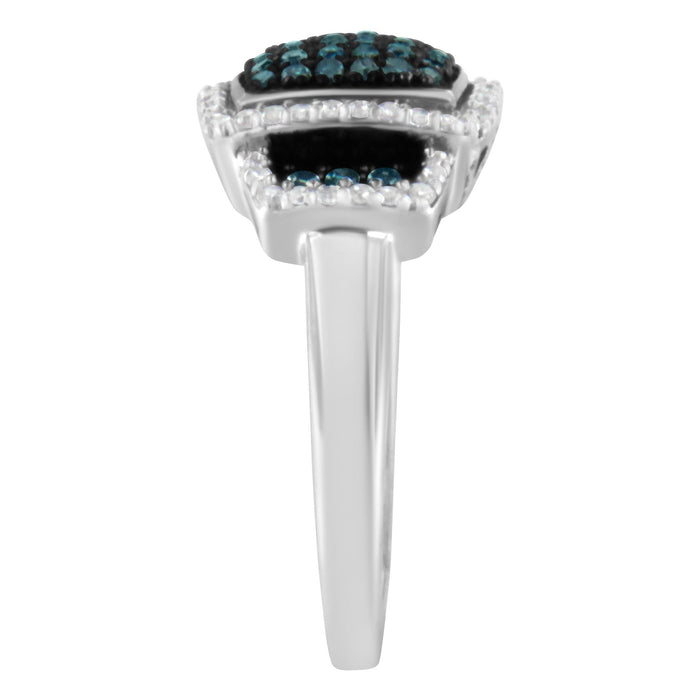 Anillo de cóctel de halo cuadrado con diamantes blancos y azules de 1/2 ct. p.t. en plata de ley bañada en rodio negro, foto 6