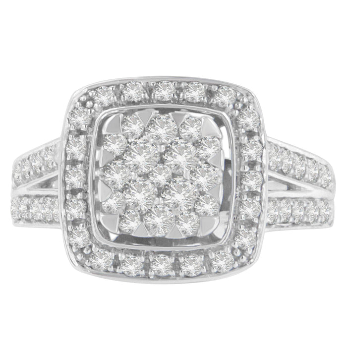 Anillo de racimo con halo y vástago dividido con diamantes de 1 ct. p.t. en oro blanco de 10K, foto 1