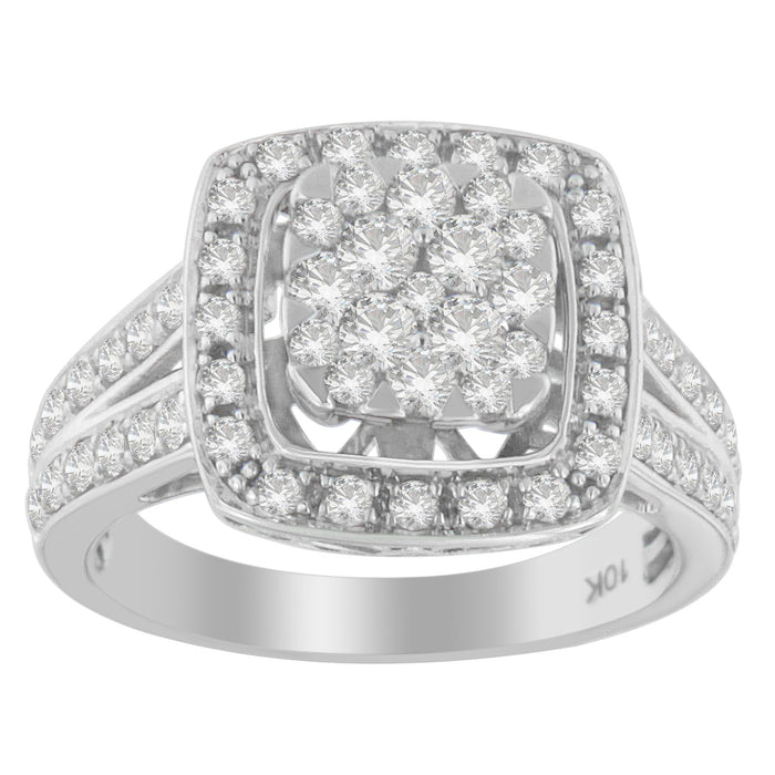 Anillo de racimo con halo y vástago dividido con diamantes de 1 ct. p.t. en oro blanco de 10K, foto 2