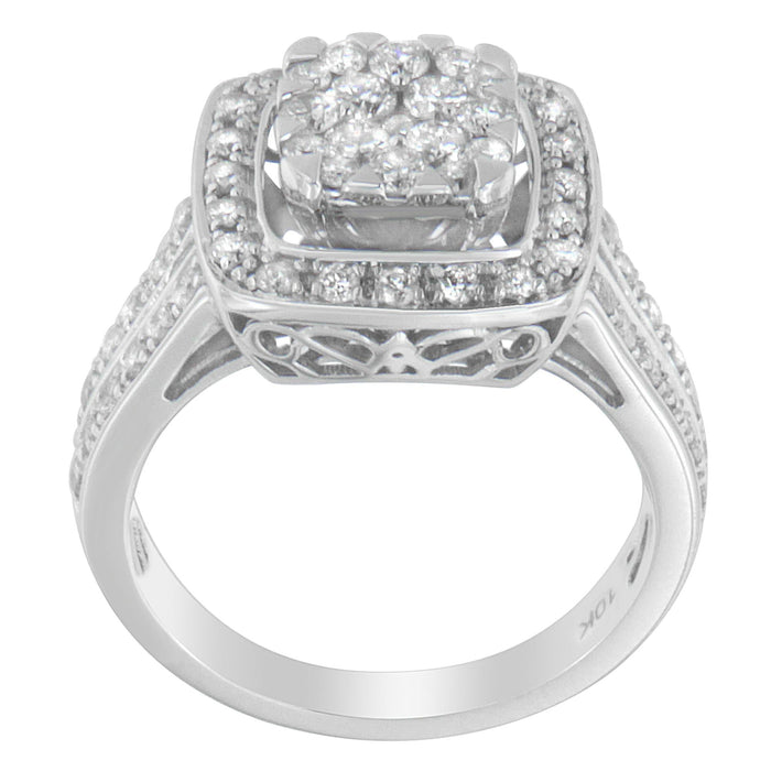 Anillo de racimo con halo y vástago dividido con diamantes de 1 ct. p.t. en oro blanco de 10K, foto 4