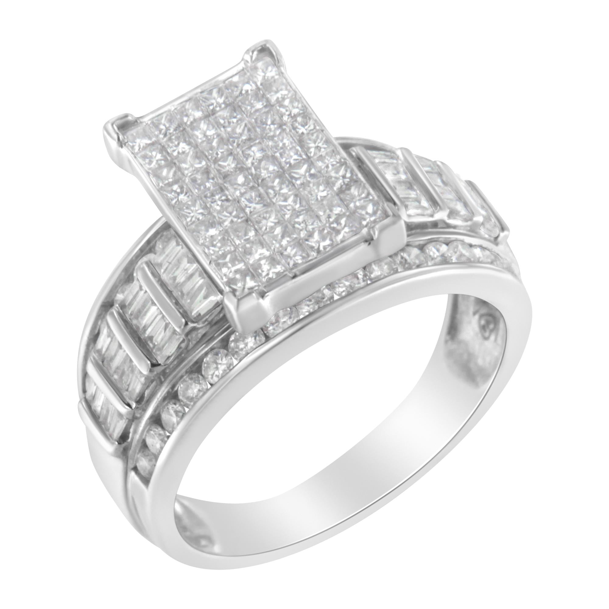 Anillo de racimo rectangular con diamantes de talla mixta de 2 ct. p.t. y banda de barra y canal en oro blanco de 14K, foto 1