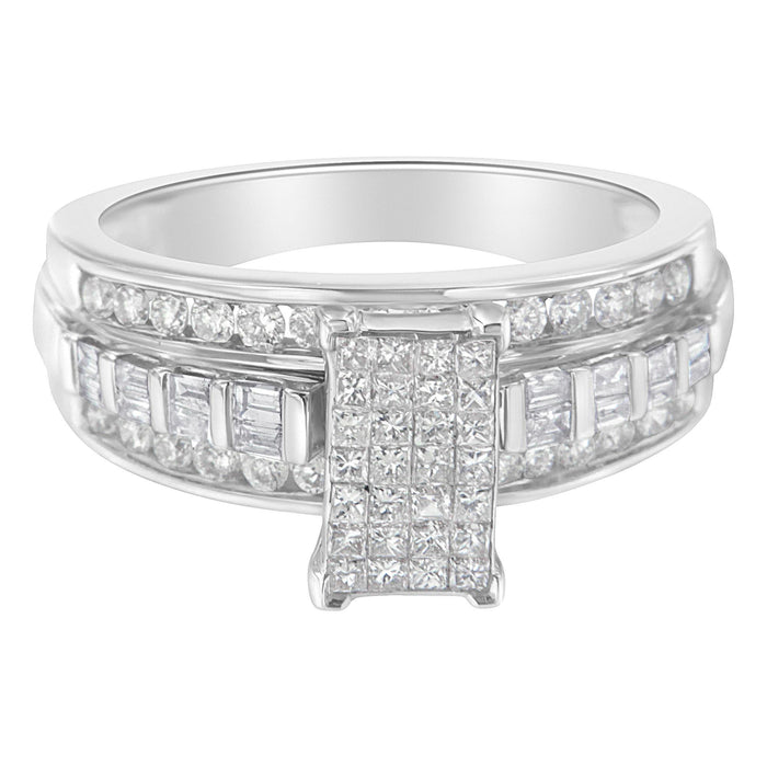 1 Ct. T.W. Mixed-Cut Diamond Rectangle Invisible-Set Composite Cluster Ring with Bar- and Channel-Set Band in 14K White Gold, photo 5