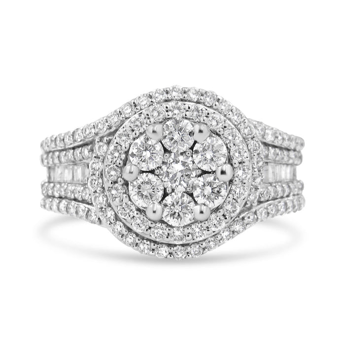 Anillo de halo con racimo floral y aro tachonado con diamantes de 1 1/2 ct. p.t. en oro blanco de 14K, foto 1