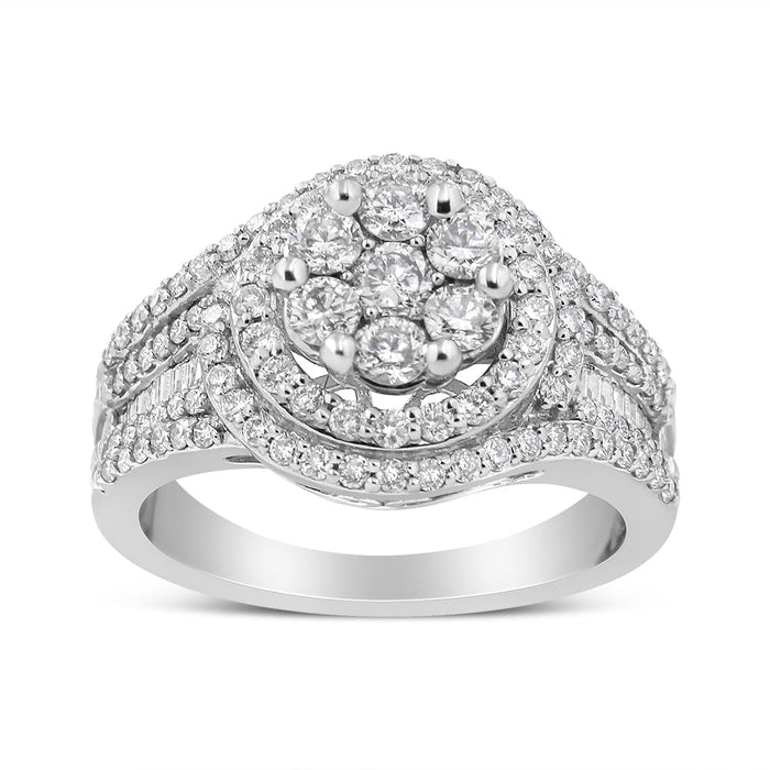 Anillo de halo con racimo floral y aro tachonado con diamantes de 1 1/2 ct. p.t. en oro blanco de 14K, foto 2