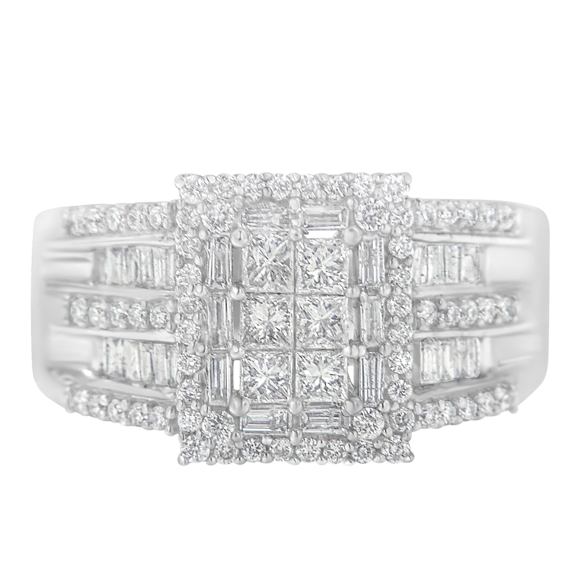 1 Ct. T.W. Princess, Baguette and Round Diamond Cluster Ring in 10K White Gold, photo 1