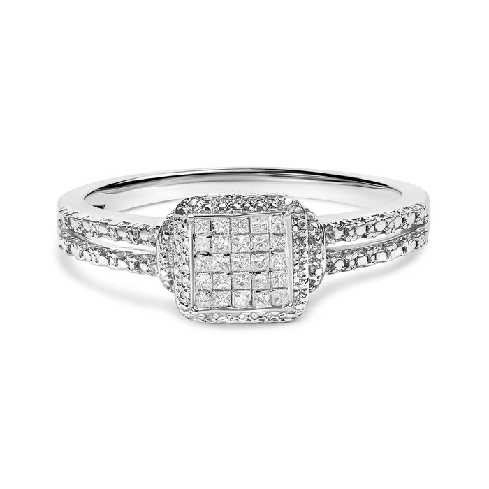Anillo compuesto con halo de cuentas y diamantes talla princesa de 1/4 ct. p.t. en plata de ley, foto 1