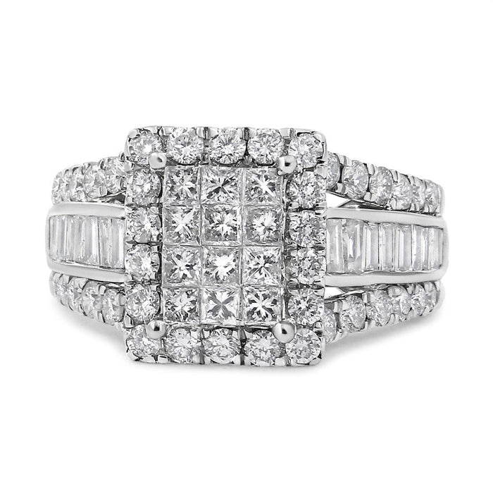 Anillo con cabeza en racimo con halo y piedras laterales con diamantes de 2 ct. p.t. en oro blanco de 14K, foto 2
