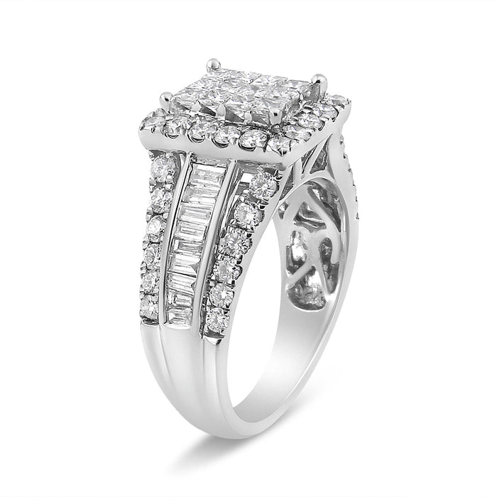 Anillo con cabeza en racimo con halo y piedras laterales con diamantes de 2 ct. p.t. en oro blanco de 14K, foto 4
