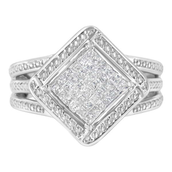 Anillo de cóctel de racimo compuesto cuadrado en punta con diamantes talla princesa de 2/5 ct. p.t. en plata de ley, foto 1