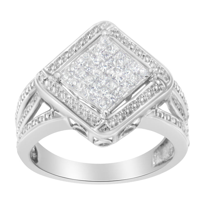 Anillo de cóctel de racimo compuesto cuadrado en punta con diamantes talla princesa de 2/5 ct. p.t. en plata de ley, foto 2