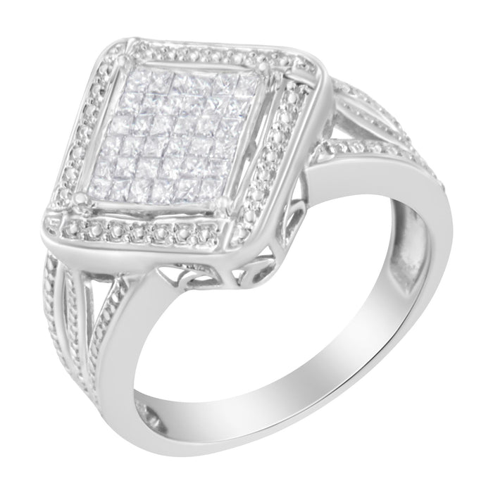 Anillo de cóctel de racimo compuesto cuadrado en punta con diamantes talla princesa de 2/5 ct. p.t. en plata de ley, foto 4