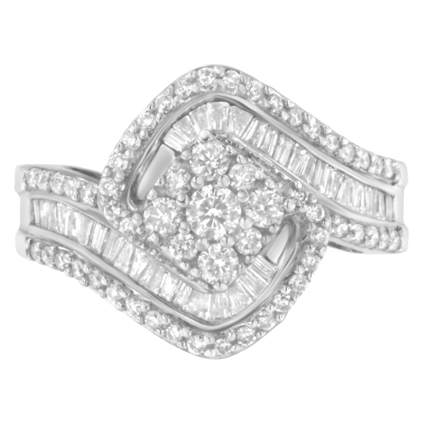 Anillo de racimo floral con banda en espiral de tres hileras con diamantes de 1 ct. p.t. en oro blanco de 14K, foto 1