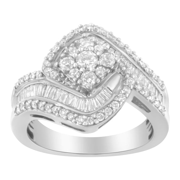 1 Ct. T.W. Baguette and Brilliant-Cut Diamond Floral Cluster Ring with Swirl Triple Row Band in 14K White Gold, photo 2