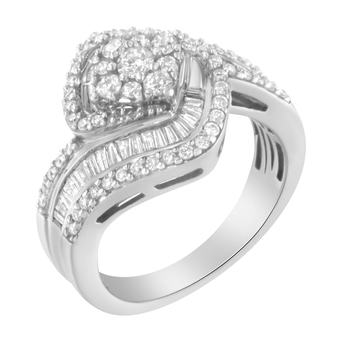 Anillo de racimo floral con banda en espiral de tres hileras con diamantes de 1 ct. p.t. en oro blanco de 14K, foto 4