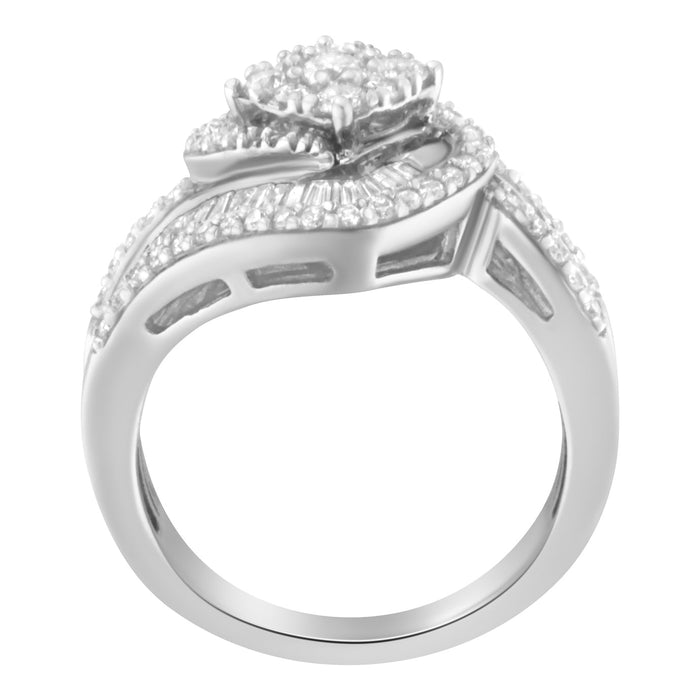 Anillo de racimo floral con banda en espiral de tres hileras con diamantes de 1 ct. p.t. en oro blanco de 14K, foto 5