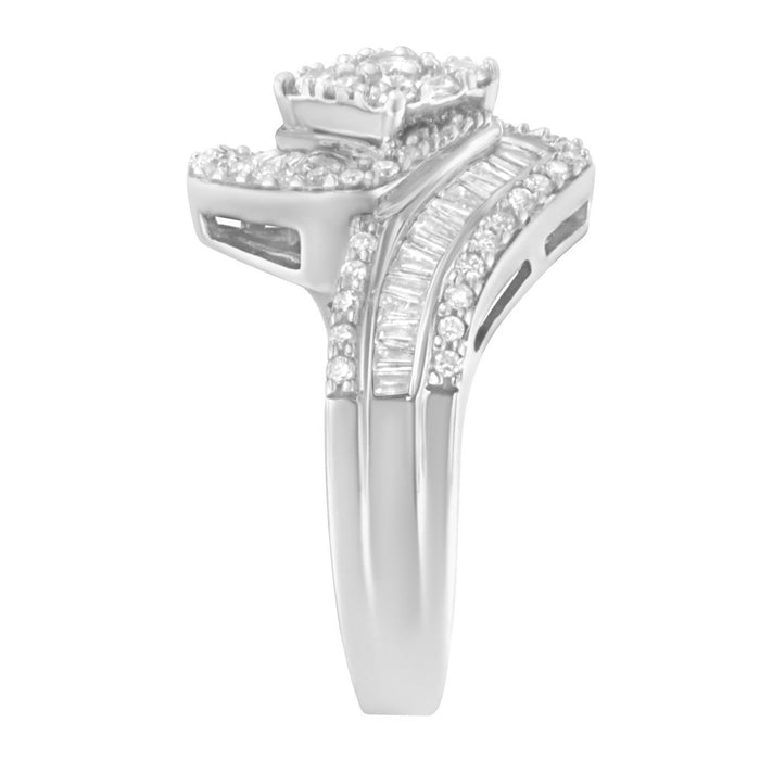 Anillo de racimo floral con banda en espiral de tres hileras con diamantes de 1 ct. p.t. en oro blanco de 14K, foto 6