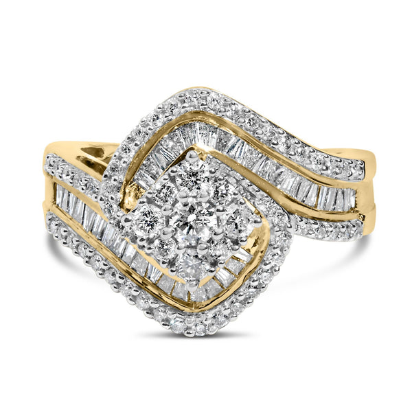 1 Ct. T.W. Baguette and Brilliant-Cut Diamond Floral Cluster Ring with Swirl Triple Row Band in 14K Yellow Gold, photo 1