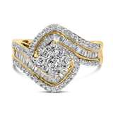 1 Ct. T.W. Baguette and Brilliant-Cut Diamond Floral Cluster Ring with Swirl Triple Row Band in 14K Yellow Gold